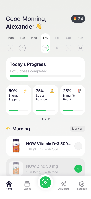 Nouri AI app home screen showing daily progress and supplement tracking